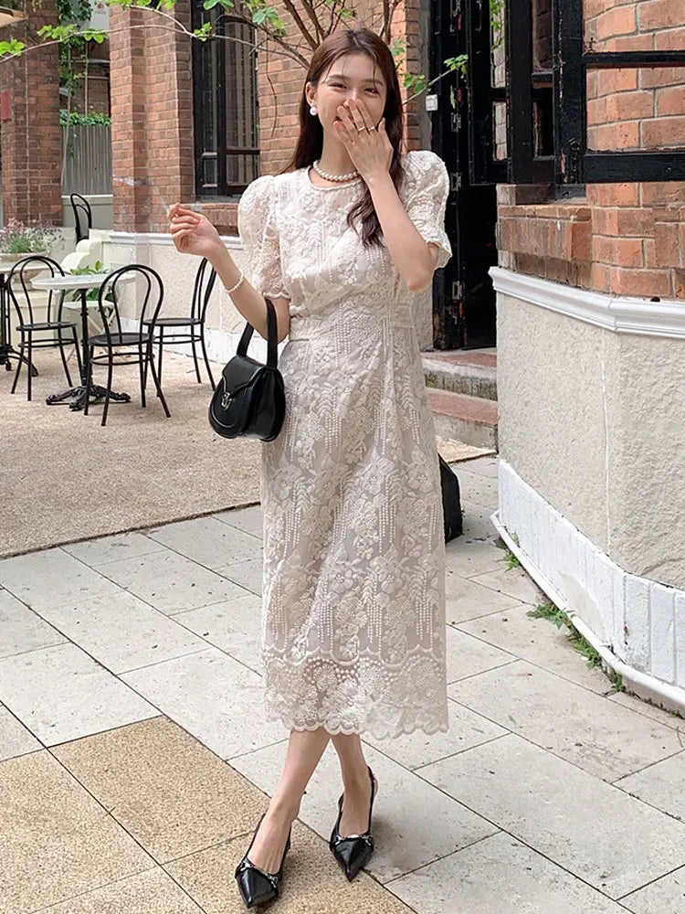 New Summer French Style Lace Women Elegant O Neck Party Midi Dress Fashion Embroidery Cutout Apricot Office Lady Clothes Vestido