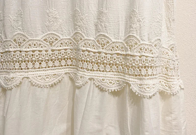 Summer Mori Girl Cotton Linen Loose Spaghetti Strap Hollow Out Midi Dress Vintage Lace Embroidery Elegant Rococo Edwardian Dress