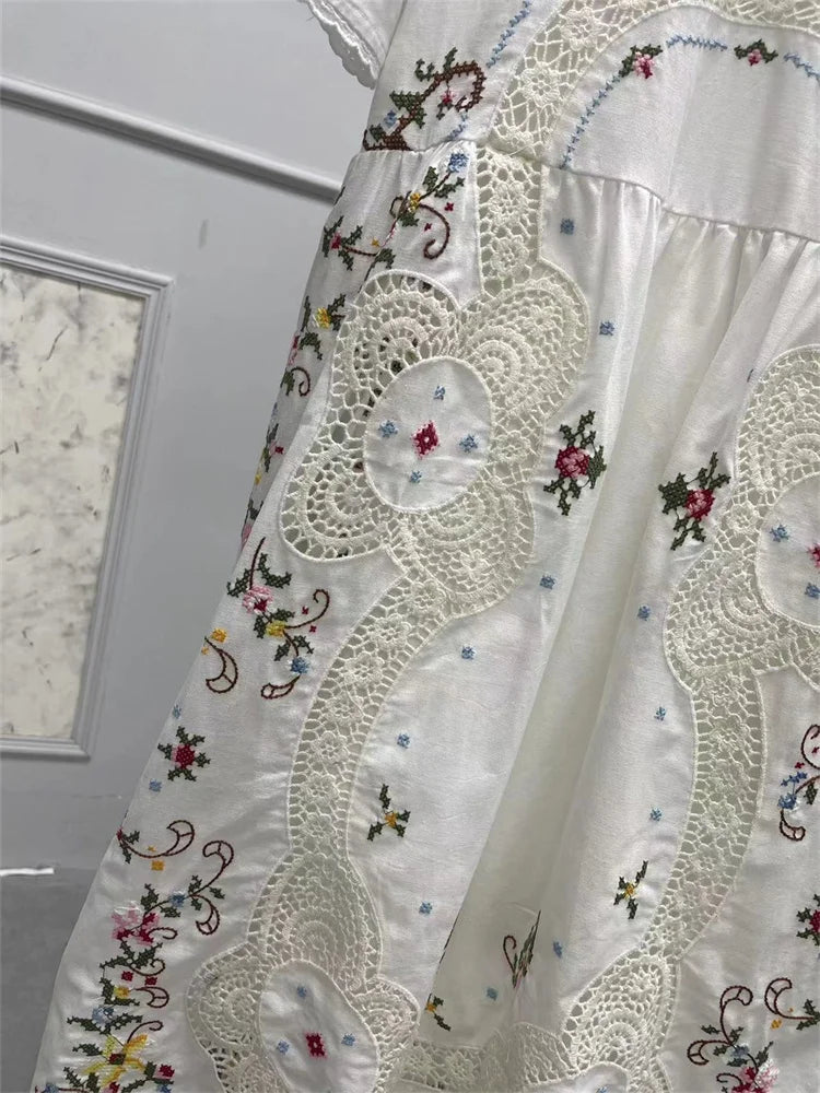 Cotton Linen Women Floral Print Midi Dress Retro Lace Hollow Out Embroidery Short Sleeve Robe for Ladies 2024 Early Autumn