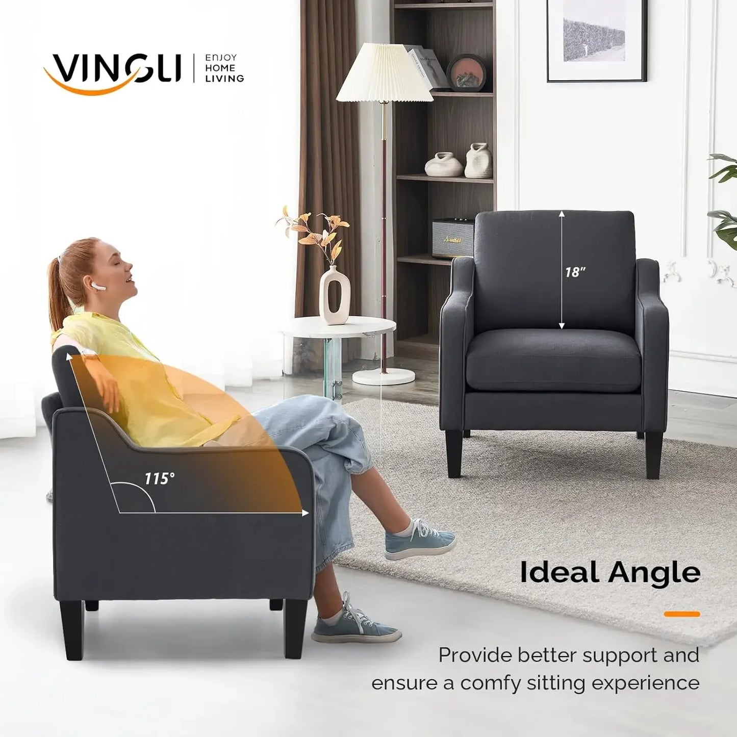 VINGLI Accent Chairs for Living Room Chairs Mid Century Modern Chair Sofa Chair Upholstered Arm Chair with Scooped Arms for Bedr