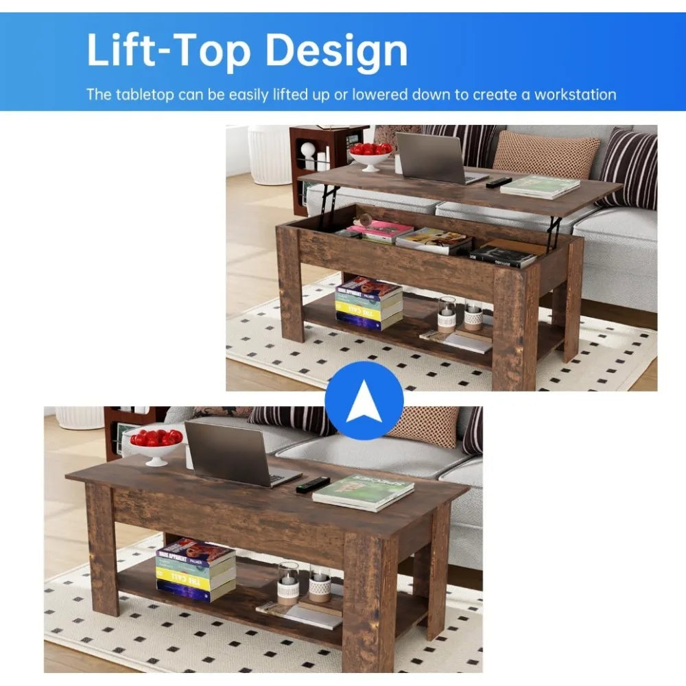 Elevated Coffee Table with Hidden Compartments and Storage Shelves Wooden Elevated Table Top Dining Table for Living Room Home