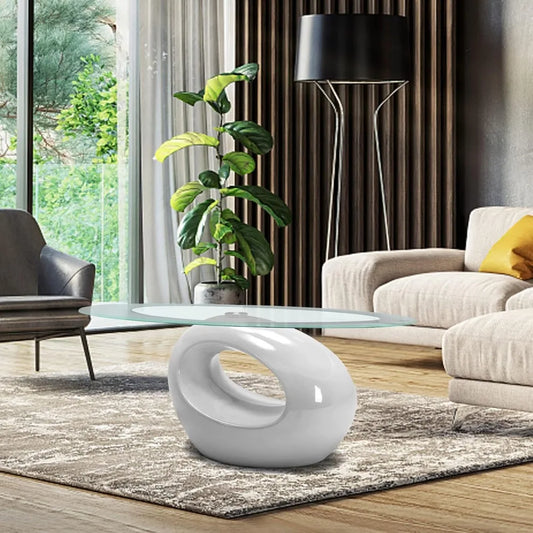Modern Glass Coffee Table, Oval Glass Table Set, Tempered Glass Tabletop and Smooth Solid Base for Storage