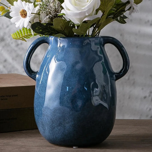 Blue Ceramic Vase with 2 Handles, Modern Farmhouse Vase for Home Decor, Rustic Pottery Vase, Decorative Terracotta Flower Vase