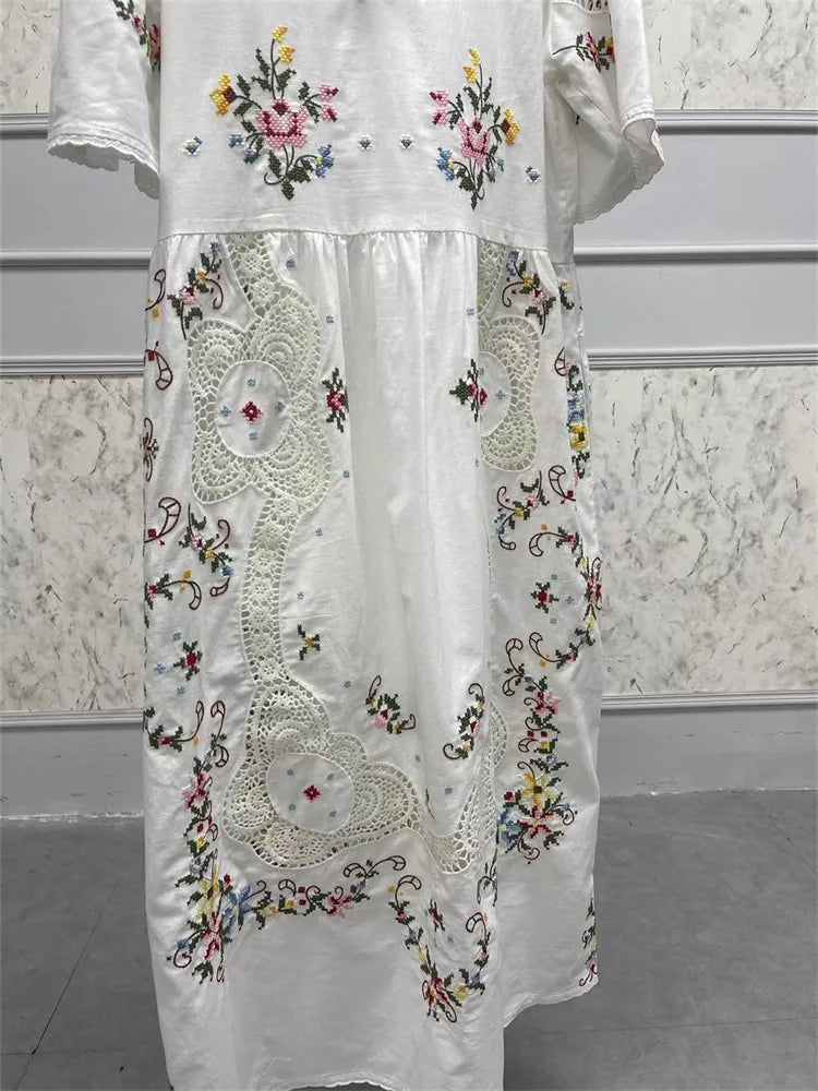 Cotton Linen Women Floral Print Midi Dress Retro Lace Hollow Out Embroidery Short Sleeve Robe for Ladies 2024 Early Autumn