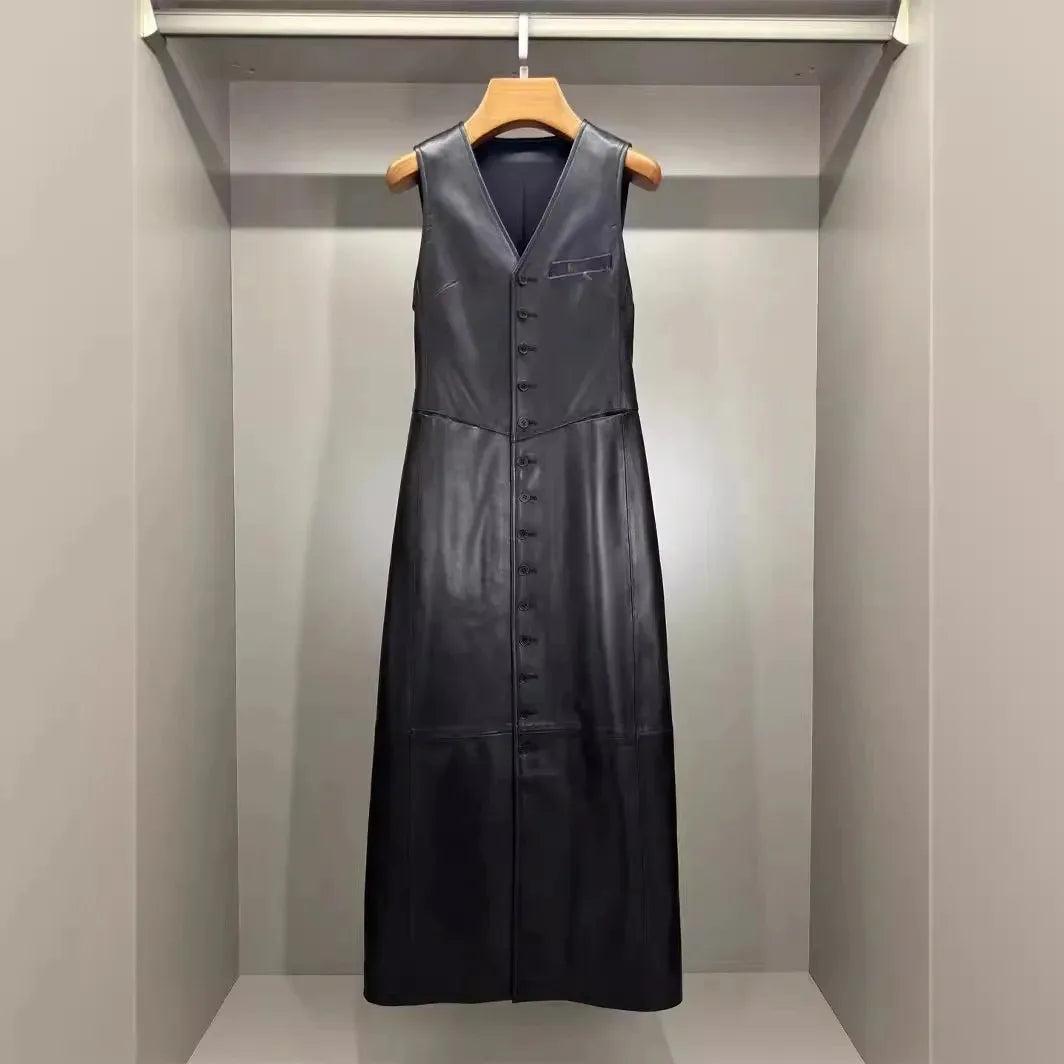 2024 Fashion New Genuine Leather Skirt Sheepskin Slit High Waist Adjustable Multi-Button Dress E51