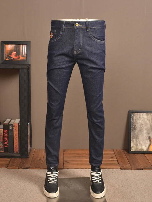 Primary Color Jeans Men's Fashion Bank Stretch Slim Fit Feet High-End Trend Blue Washed Casual Men's Trousers