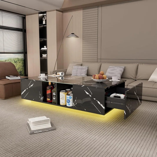 Coffee Table with Storage Space, LED Modern Rectangular Wooden Coffee Table, Artificial Marble Glass Center Table